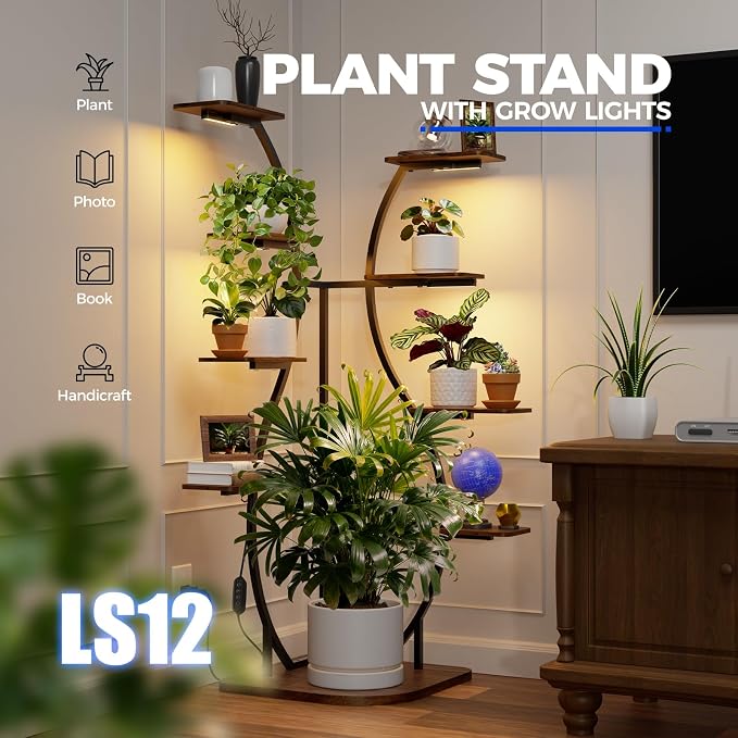 Barrina LS12 Corner Plant Stand with Grow Lights, 9-Tier, Full Spectrum | 62.2" Tall Plant Shelf, Warm T5 Grow Light, Timer, S-Shape Corner Flower Holder for Living Room, Home Decor, Gardening