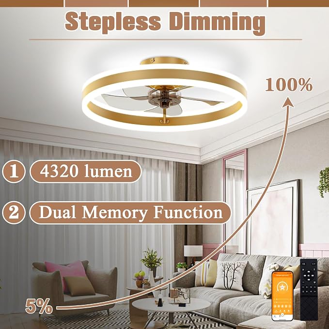 VOLISUN Low Profile Ceiling Fans with Lights and Remote, 19.7in Flush Mount Ceiling Fans with Light, 3000K-6500K Dimmable Fandelier LED Fan Light, Gold Bladeless Ceiling Fans with Lights for Bedroom