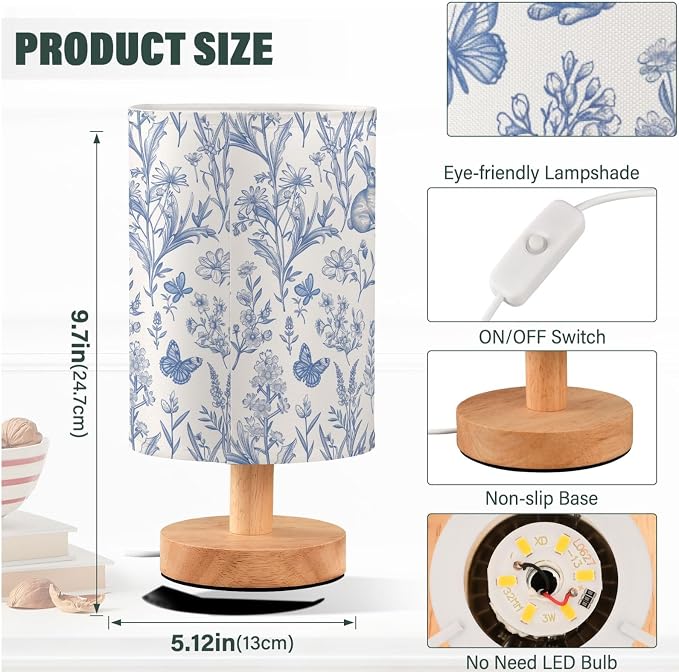 Blue French Style Rabbit Table Lamp for Bedroom USB Port Lamps Small Accent Table Lamp Nightstand Lamp Study Linen Shade with Wooden Base, Decorative Lamps for Bedside Reading|Kids|Dorm|Home