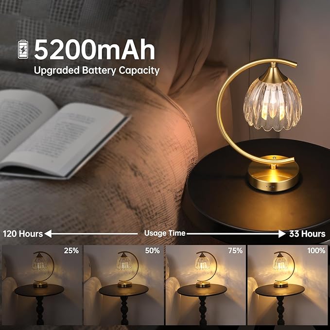 Tulip Table Lamp, 5200mAh Cordless Touch Control Table Lamp with 3 Color Temps & Stepless Dimming, Rechargeable Battery Table Lamp for Living Room, Bedroom, Office, Shelf (Transparent Tulip)