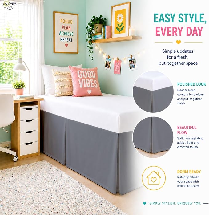 Cottington Lane Tailored Box Pleated College Dorm Bed Skirt Twin XL, Hotel Quality Premium Brushed Microfiber Extra Long Bedskirt Twin XL 25 Inch Drop, Dark Grey Dorm Bedding