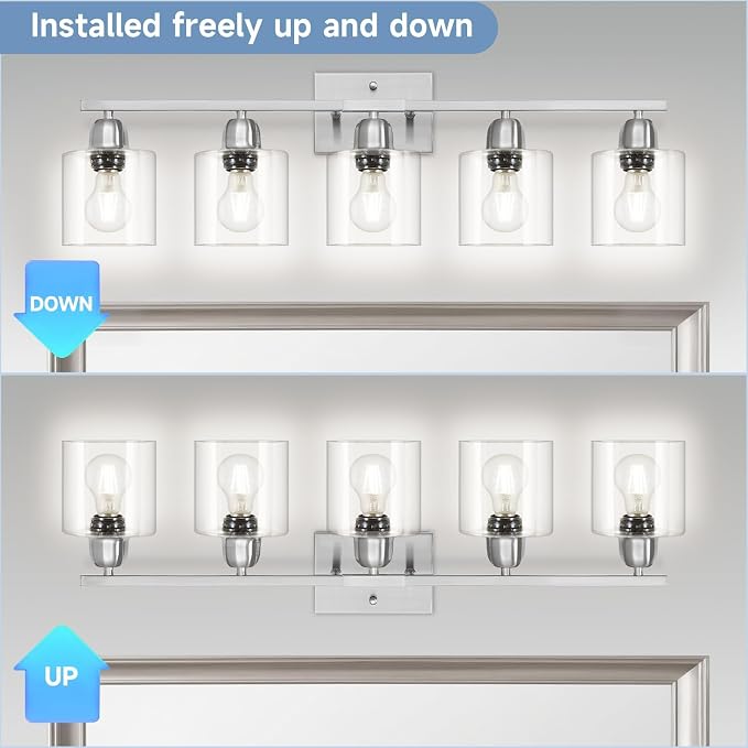 Modern Brushed Nickel 5 Light Bathroom Vanity Light, 31 inch Bathroom Light Fixtures, Vanity Lights for Bathroom with Clear Glass for Mirror Kitchen Living Room Hallway Cabinet Porch