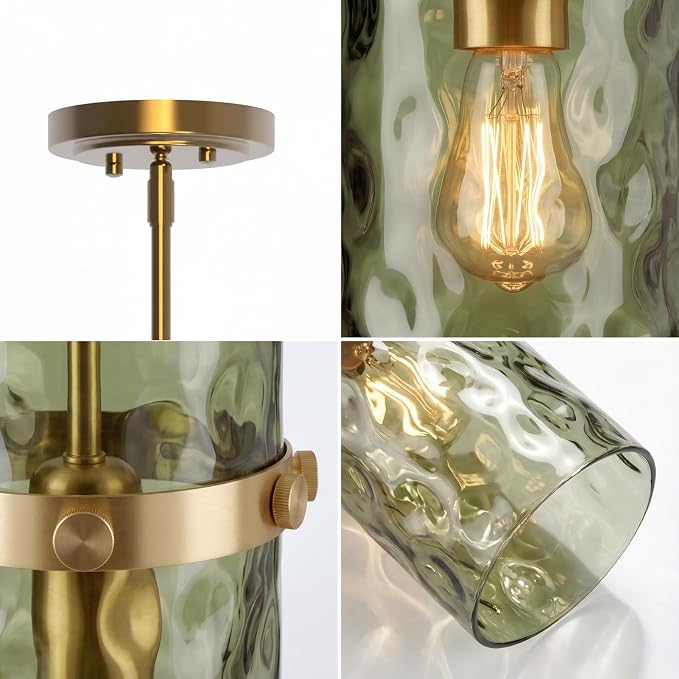 Modern Olive Green Wavy Glass Pendant Light 2 Pack - Adjustable E26 Hanging Lamp for Kitchen Island & Dining Room