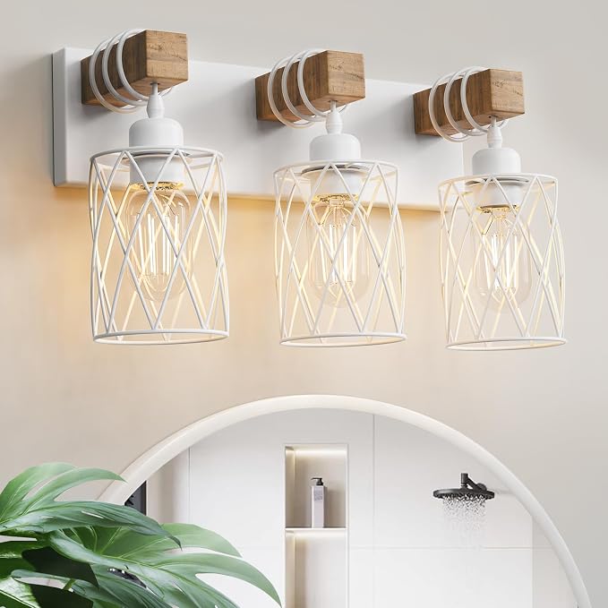 IZORRO Farmhouse Bathroom Vanity Light, 3-Light Wood Bathroom Light Fixtures Over Mirror, Matte White Industrial Vanity Lights with Metal Shade, Rustic Restroom Lighting Fixtures