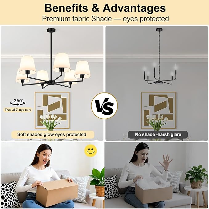 36" Black Dining Room Light Fixture, No Assembly Required 6-Lights Kitchen Chandelier for Dining Room with White Fabric Shade, Chandelier Ceiling Light Fixture for Kitchen Island Bulb Not Included