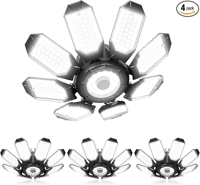 Garage Lights w/ 8 Deformable Panels, 56000LM 6500K Ultra Brighter | LED Garage Lighting Fixture Screw in E26 E27 Socket Light Bulbs for Basement Workshop Attic Utility Laundry Storage, 4 Pack