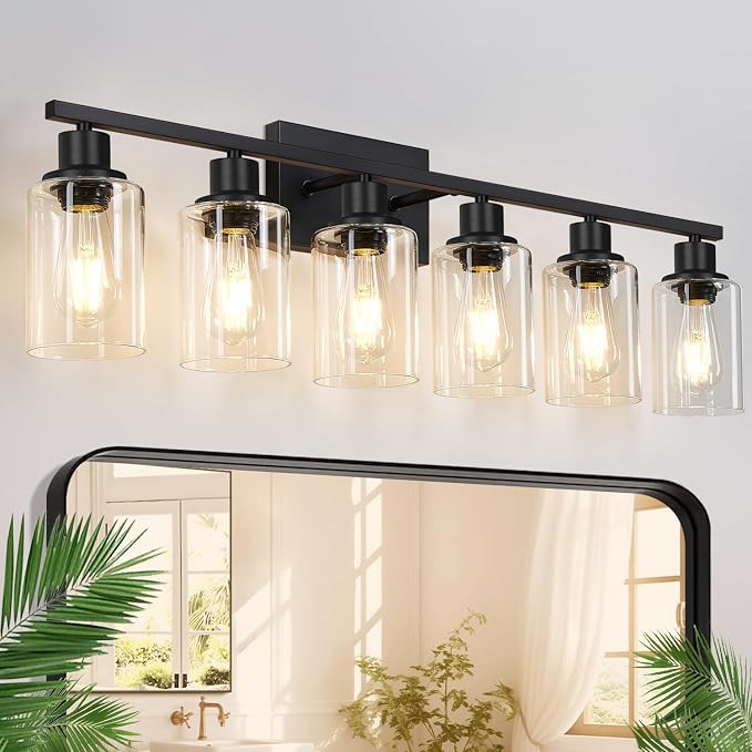 Indoi 6-Light Bathroom Light Fixtures, Matte Black Modern Vanity Lights with Clear Glass Shades, Bathroom Wall Lamp for Mirror Living Room Cabinet Bedroom Porch