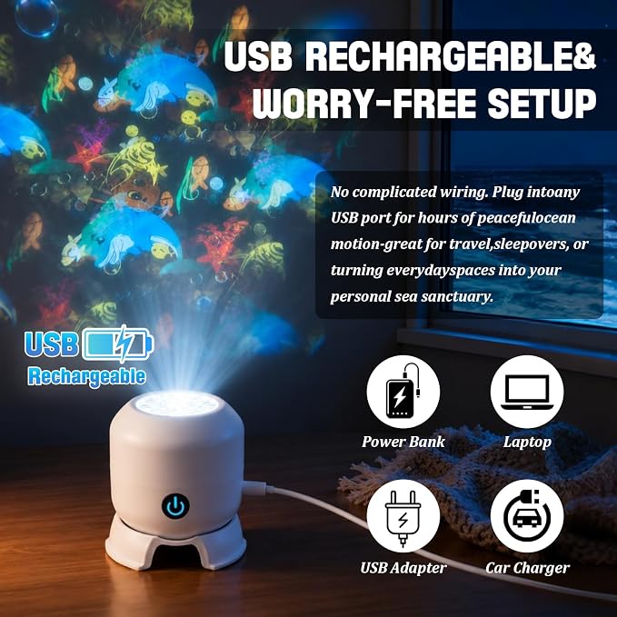 Dynamic Rotating Led Projector Light, 5d Holographic Night Light Projector,360° Ocean Wave Galaxy Night Light,USB Rechargeable, Adjustable Brightness,Plug & Play Dimmable for Bedroom & Home Theater
