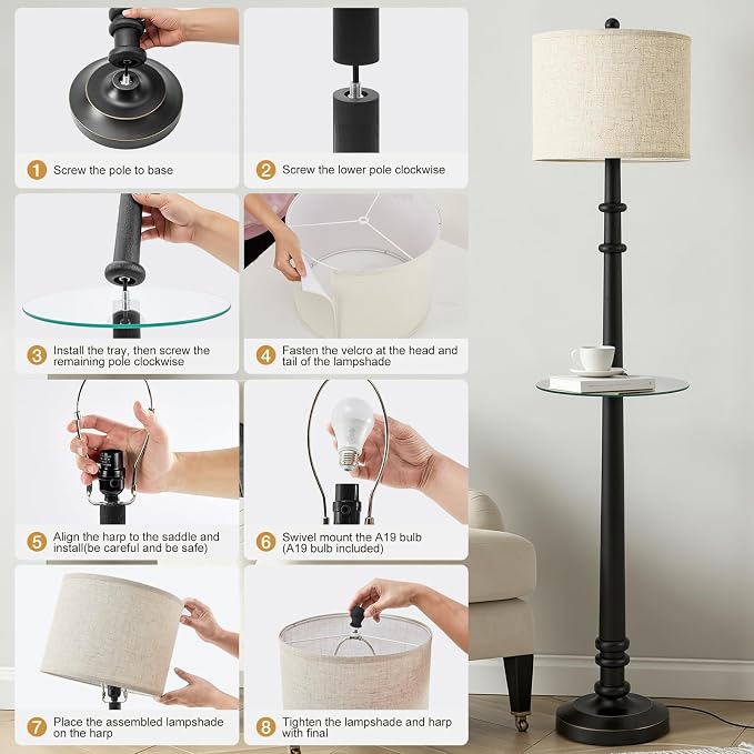 EJIAXIN Floor Lamps for Living Room - 60" Farmhouse Floor Lamp with Adjustable Color Temperatures - Vintage Standing Lamp Reading Light - Retro Tall Lamp with Table for Bedroom Office, Rustic Black