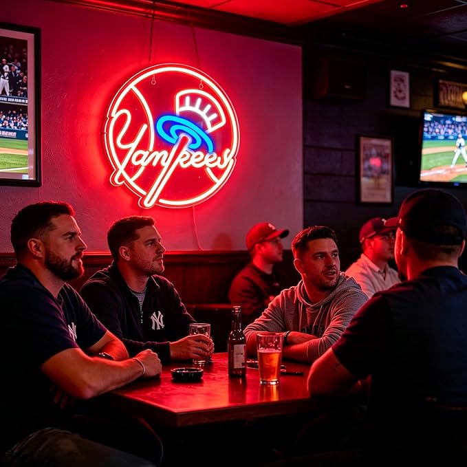 AHlove YANKEES Neon Signs for Wall Decor，Baseball Team Neon Lights for Bedroom，LED Signs Suitable for Man Cave，5V Power Adapter，Birthday、Christmas Gifts for Boys 13 * 15Inch(red+blue+white)