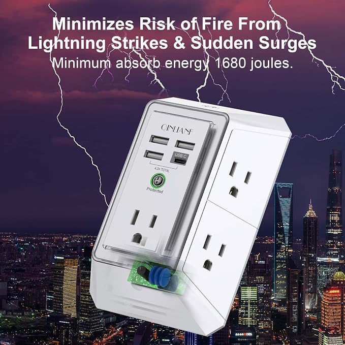 3-Sided Outlet Extender with Night Light - QINLIANF Multi Plug Outlet with 5 Outlets and 4 USB Ports(1 USB-C), USB Wall Charger for Home, Office, Travel, ETL Listed, White