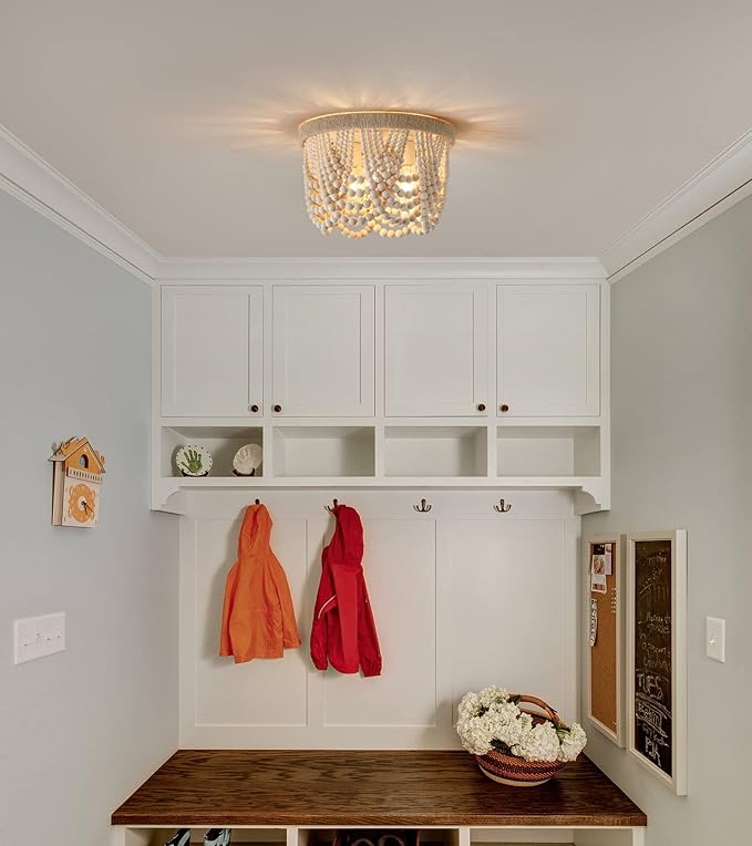 AMZASA Wood Beaded Flush Mount Ceiling Light Farmhouse Rustic Small Boho Chandelier Light Fixture for Bedroom Hallway Entryway Closet Kitchen Dining Room Living Room Nursery 3-Lights