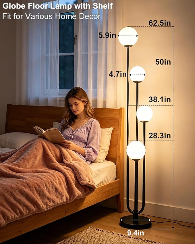 63IN 4-Light Dimmable Floor Lamp, Unique Black Tall Standing Lamps with Globe Shade &3000K Bulbs for Reading, Mid Century Modern Floor Lamp with 5Lbs Heavy Base for Living Room Bedroom Office
