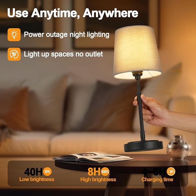 Cordless Table Lamps Set of 2 – Battery Operated Lamp with 7500mAh Rechargeable Battery, Stepless Dimmable Black Lamps with Grey Shade, Wireless Lamps for Dining Room & Nightstand (Bulbs Included)