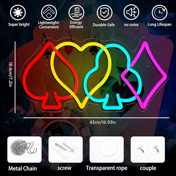 Poker Neon Sign Dimmable Playing Card LED Neon Light for Wall Decor | USB Powered Poker Neon Light for Casino Theme Decor, Man Cave, Game Room, Bar, Bedroom, Gift for Poker Players & Card Gamer