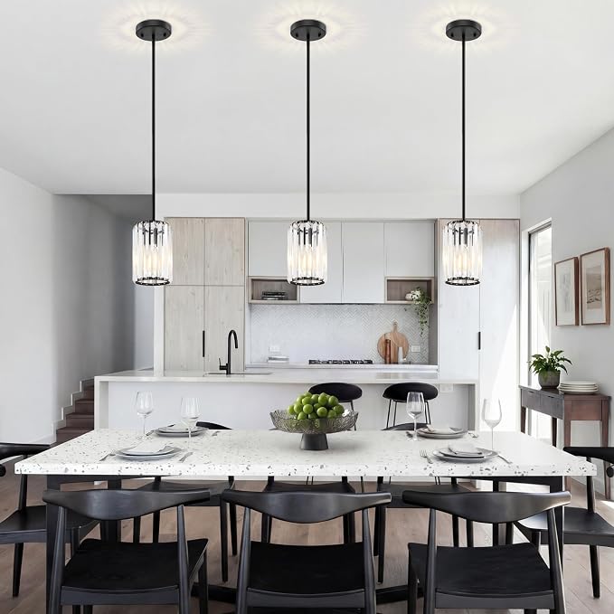Black Pendant Light, Modern Crystal Pendant Lights Kitchen Island, Kitchen Island Lighting with Adjustable Height, UL Certified Island Lights for Kitchen Dining Room Bedroom Hallway 3 Pack