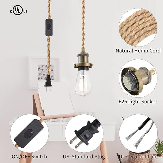 15.4ft Pendant Light Cord Kit, Industrial Vintage Plug in E26 Socket Hanging Light with Switch, Hemp Rope Hanging Light Fixture for Pendant Lamp Farmhouse Lamp Cable DIY