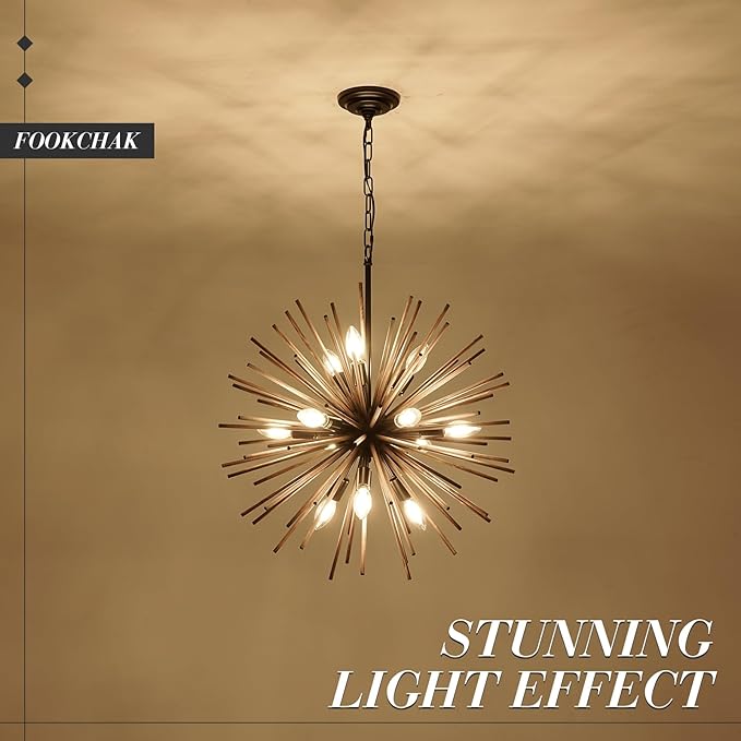 Black Wood Sputnik Chandeliers 12 Light Starburst Chandelier Light Fixture Solid Wood Farmhouse Satellite Light Fixture for Dining Room Bathroom Entryway Kitchen Island Bedroom 24in