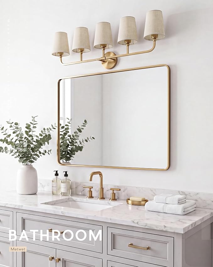 5-Light Brushed Gold Bathroom Vanity Light, Brown Linen Fabric Shade | 35 Inch gold bathroom light fixture over mirror, UL listed, E26 bulbs, hardwired, upward only, VL837-BG-L-5