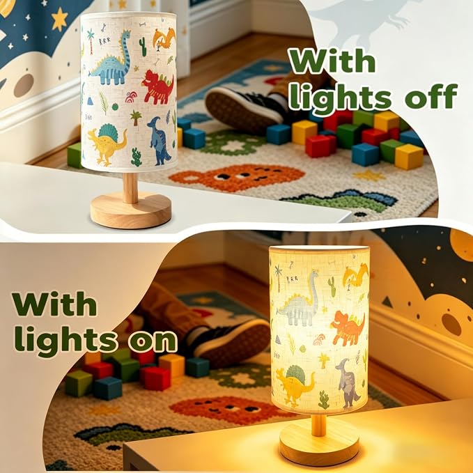 Dinosaur Lamp for Kids Bedrooms Bedside,Dinosaur Room Decor for Boys, 3-Way Dimmable LED Small Night Light with Linen Fabric Lampshade and Wood Base for Bedrooms Living Study,Dino Gifts for Boys