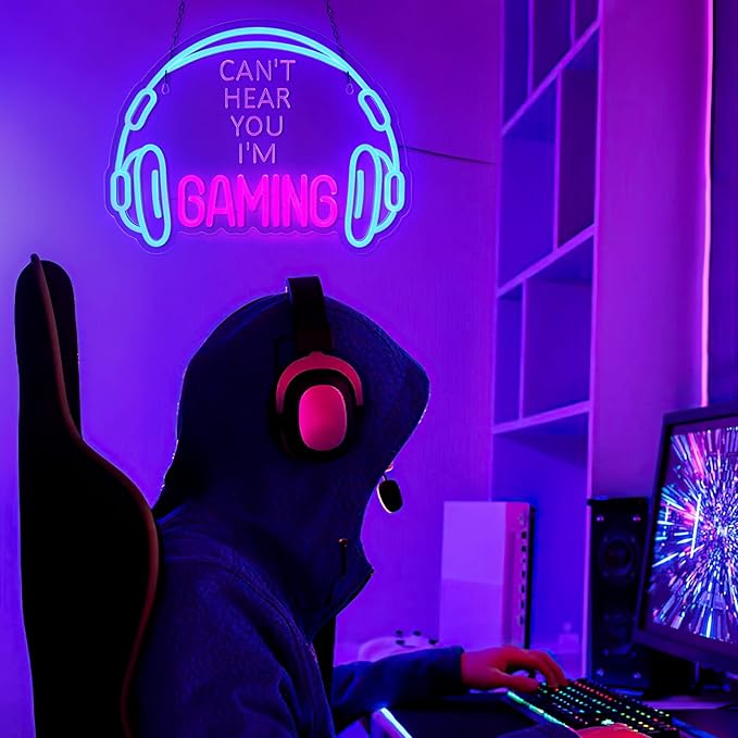 Gaming Neon Sign, Large Bright and Dimmable Colored LED Headset Gamer Neon Light and USB Powered Headphone Lightup Game Signs for Game Zone Video Room Boy Bedroom Wall Decor (Can't Hear You I'm Gaming)