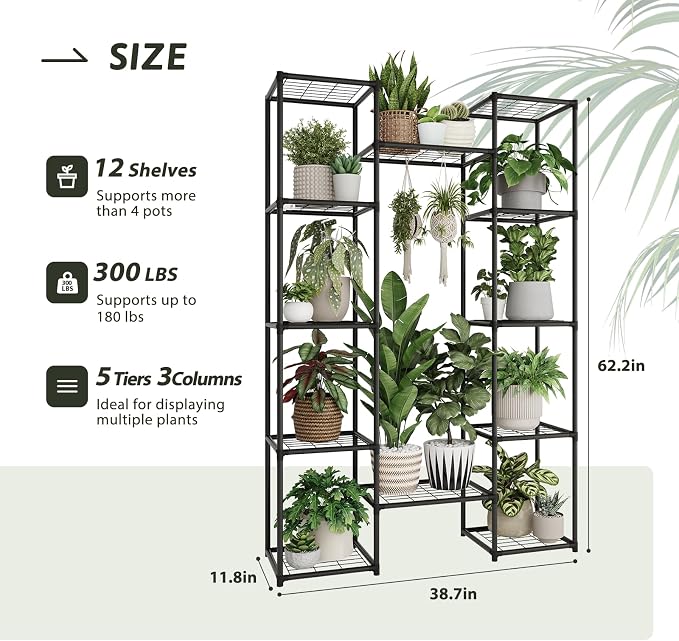 GENTINGBRO Metal Plant Stand Outdoor 62.2" Tall Plant Shelf for Plants 12 Pots Large Plant Sheves for Indoor Plants Living Room Heavy Duty Rack Garden Balcony Patio Hanging Planter