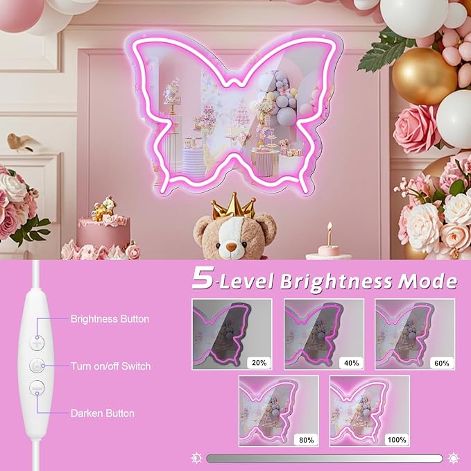 Butterfly Neon Sign Mirror, LED Neon Sign for Wall Decor, 15.7'' x 12'' Dimmable Neon Light for Teen Girls & Kids Birthday Party Gift, Neon Signs for Girl Room Decor, Wall Mirror, USB Powered (Pink)