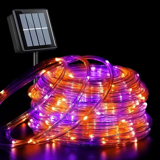 YEGUO Solar Halloween Lights Outdoor Waterproof, 66ft 200 LED Purple and Orange Solar Rope Lights, 8 Modes Fairy Lights in Clear Thin Tube