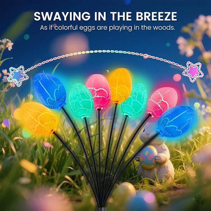 4 Pack 32 Led Solar Easter Egg Lights, Colorful Garden Swaying Firefly Lights Outdoor with 2 Lighting Modes, Waterproof Solar Stake Lights for landscaped Yards, Porches and Patio Easter Decorations