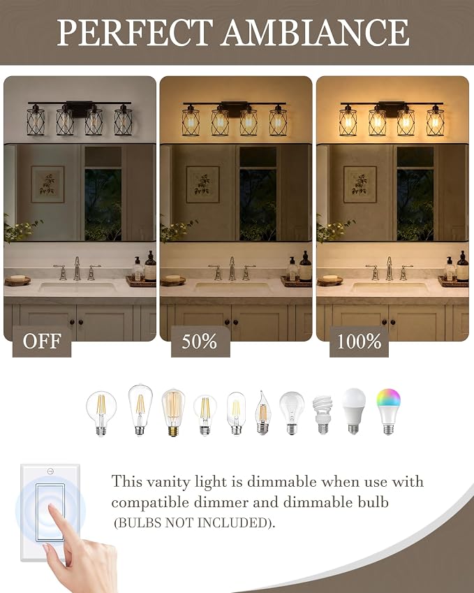 4-Light Oil Rubbed Bronze Bathroom Light Fixtures Over Mirror, 29" UL-Listed Modern Farmhouse Wall Sconce Lights with Clear Glass and Metal Cage for Bath, Hardwire E26, CH9176ORB-4W