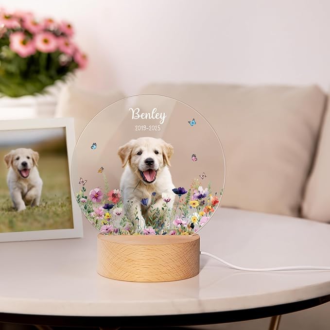 Personalized Dog Memorial LED Night Light with Wooden Base, Custom Photo and Name Pet Memorial Gift for Loss of Pet