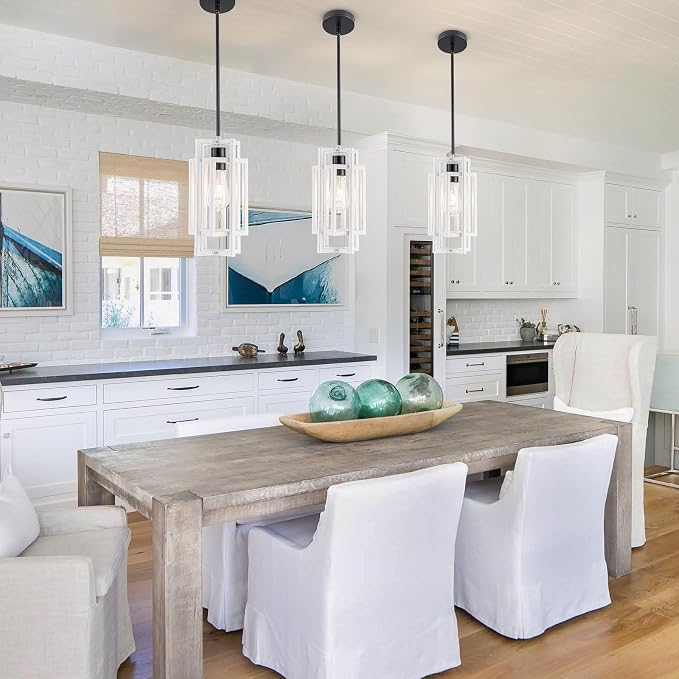 Farmhouse Pendant Light Fixtures, Modern White Wood Texture and Black Finish Pendant Lights 59'' Adjustable Small Square Pendant Ceiling Hanging Light for Kitchen Island Dining Room Entryway