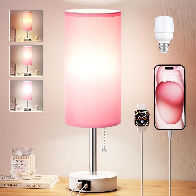 Dicoool Pink Bedside Table Lamp for Girls Bedroom - USB A+C Charging Ports | 3 Color Temperatures, USB A+C Port, Bulb Included, Pink Fabric Shade, Matte White Metal Base, 14" Desk Lamp for Kids Dorm