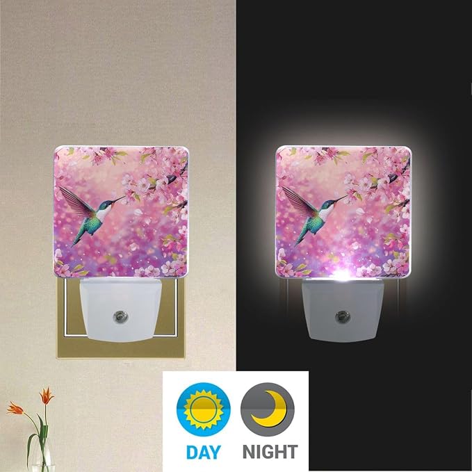 Hummingbird Pink Cherry Night Light Dusk to Dawn Sensor LED Night Dimmable Nightlight Lights Plug into Wall for Living Room