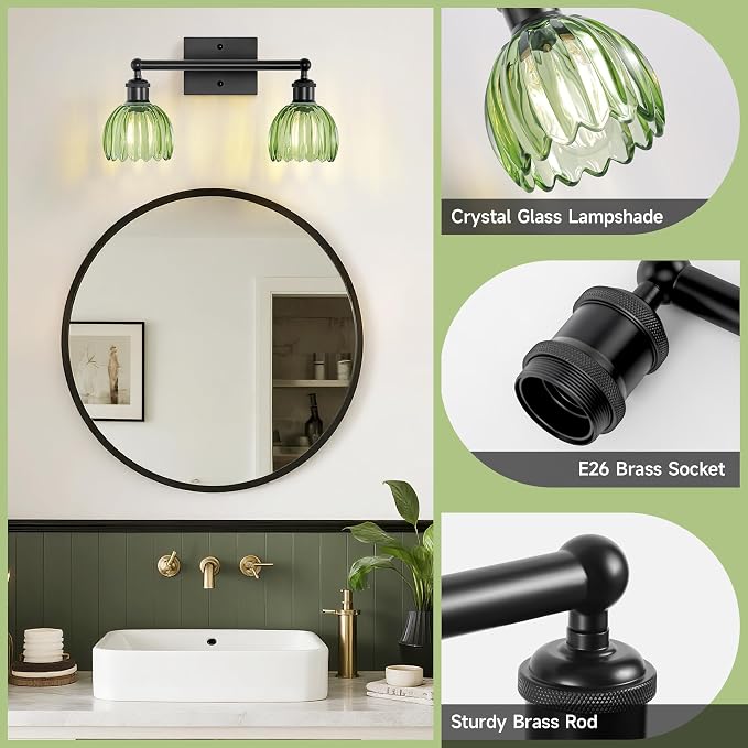 Bathroom Light Fixture,2-Light Vintage Bathroom Sconces Over Mirror, Black Fancy Vanity Lights, Flower Light Fixture with Green Tulip Glass Shade for Bedroom, Living Room, E26 Base