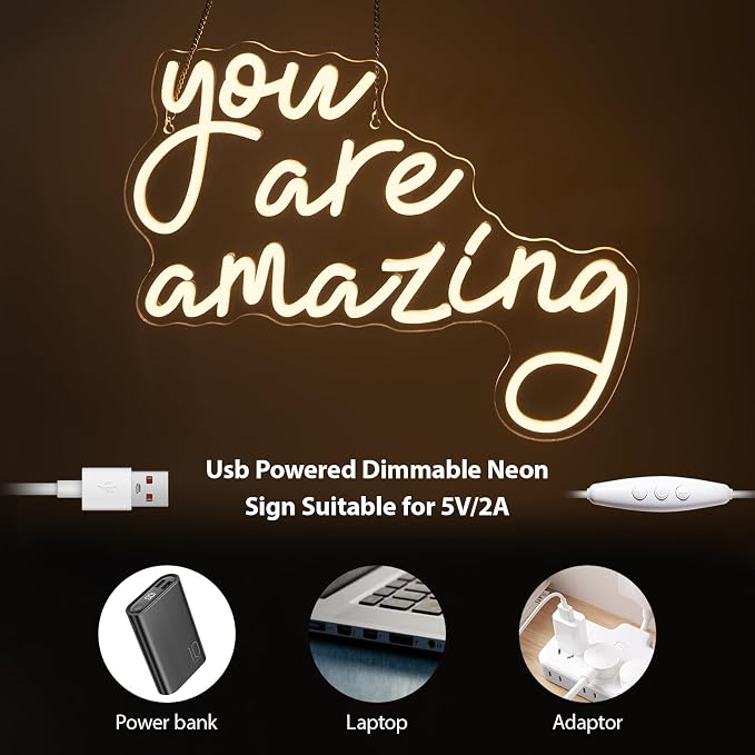 You Are Amazing Neon Sign Warm White Usb Word Neon Lights for Wall Decor Led Letter Light Up Sign for Classroom Bedroom Home Bar Man Cave Party Birthay Wedding Gifts