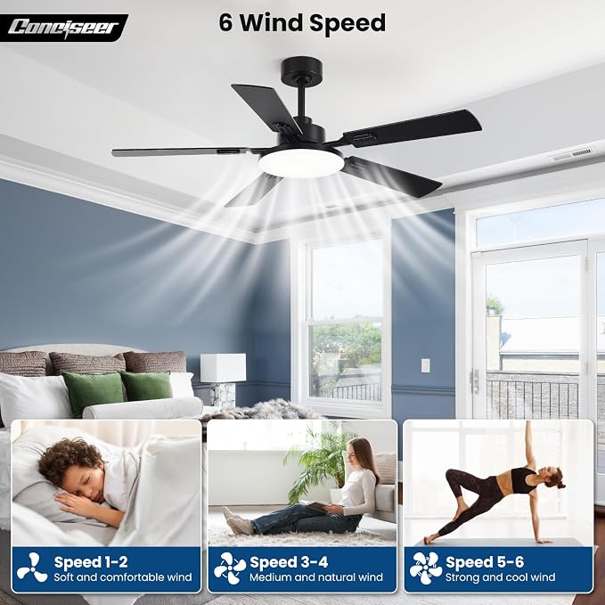 Conciseer 52 Inch Ceiling Fans with Lights and Remote for Bedroom Living Room Kitchen Office, Indoor/Outdoor Use, 6CCT Dimmable, 5 Blades, 6 Speed Reversible Quiet DC Motor, Black/Wood Grain