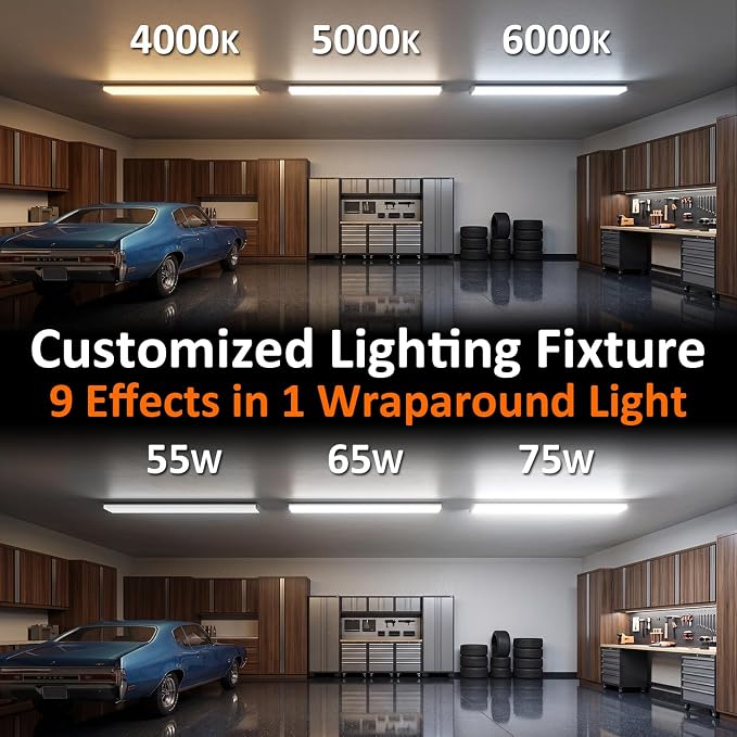 4FT LED Wraparound Light, ETL Listed 3 CCT & 3 Wattage Wrap Light Fixture, 75W/65W/55W 4000K/5000K/6000K Ceiling Light for Garage, Workshop, Closet, Kitchen, Shop, Laundry