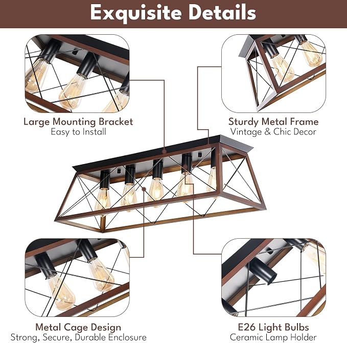 31.5" Flush Mount Ceiling Light, 5-Light Industrial Vintage Chandelier with Matte Black & Brushed Bronze Finish, Large Close to Ceiling Lighting for Dining Room, Kitchen Island, Living Room, Hallway