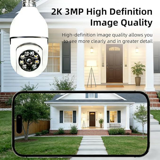 Hawkray Light Bulb Security Camera -5G& 2.4GHz WiFi 2K 3MP Security Cameras Wireless Outdoor Motion Detection and 911 Alarm Monitoring,Open AI Enabled,US Local Cloud, Color Night Vision,