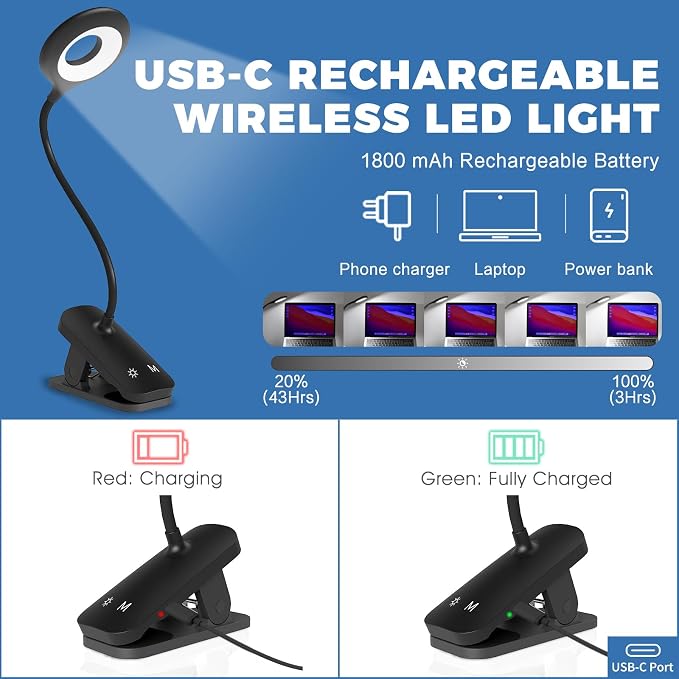 CUHIOY Rechargeable Clip on Reading Light for Bed Headboard, Black, 1 Pack | Strong Clamp USB-C Goose-Neck Night Light, 5 Colors 5 Brightness Desk Lamp for Bunk Bed Shelf, Perfect for Reading Working