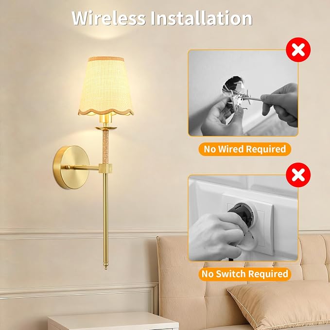 Boho Battery Operated Wall Sconce Set of 2, Gold Wireless Rechargeable Wall Lights with Rattan Shade, 12 RGB and 3CCT Dimmable Cordless Wall Lamps with Remote for Bedroom Living Room
