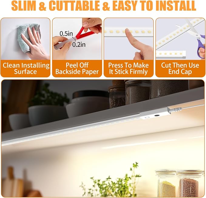 MY BEAUTY LIGHT 80in Smart Under Cabinet Lights, Handwave Sensor Under Counter Lights for Kitchen, 2700K-6500K 1090lm Stick-on Closet Light, Slim Cuttable Plug and Play Kitchen Lamp, 2 Rolls of 40in