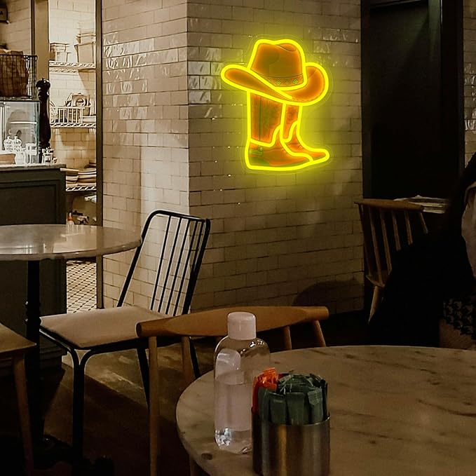 Cowboy Boot Hat Neon Sign 15.2”x13”LED Western Yellow Cowboy Boot Neon Light for Wall Decor Dimmable Hat Light Up Sign for Bedroom Game Room Man Cave Presents for Birthday Party Rodeo Enthusiast