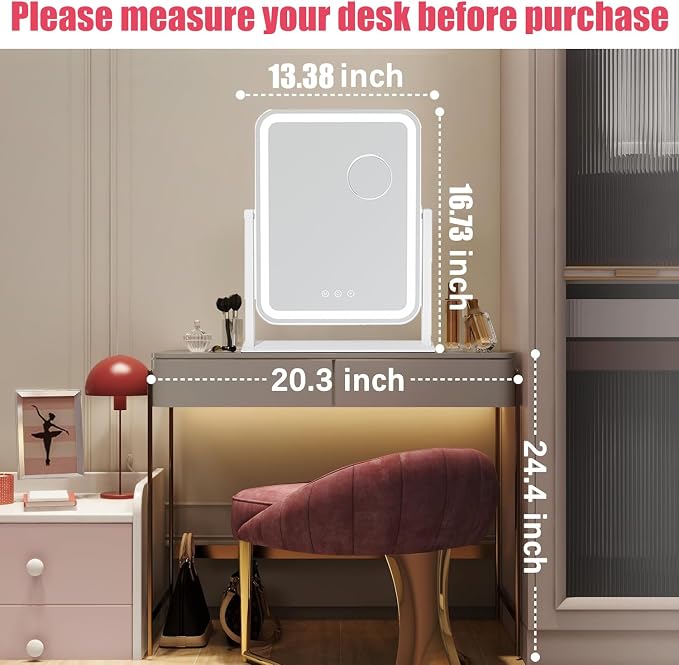 HIEEY Vanity Mirror with Lights, Three Color Lighting Modes, and 5X Magnification Mirror, Smart Touch Control, 360°Rotation (16.73" x 13.38" White,Gift Box)