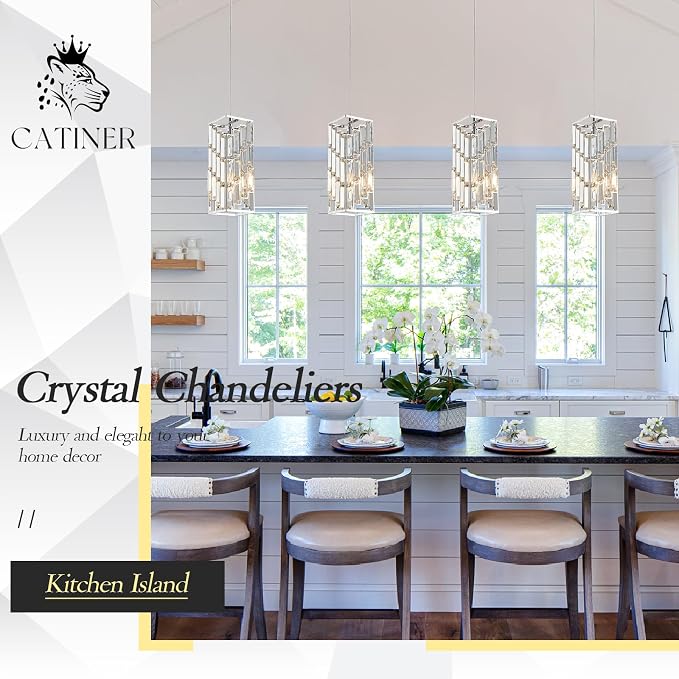 CATINER Chrome Crystal Pendant Light, Mini Hanging Light, E26 | Chrome crystal pendant light with adjustable 70.8" cord, E26 base, dimmable, ideal for kitchen island lighting