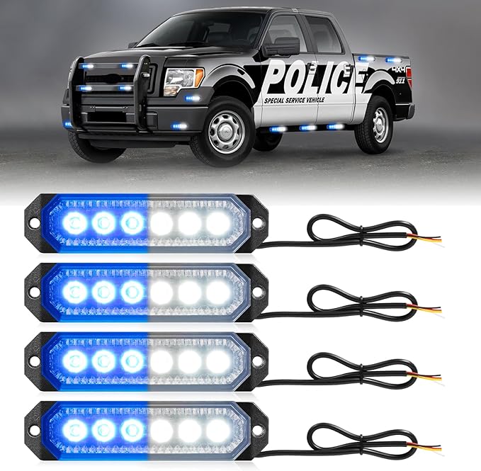 HLauto 406T Emergency Strobe Grille Lights: 4Pcs 6 LED Sync Feature Safety Warning Flashing Light, 12V-24V Ultra Slim Surface Mount Hazard Caution Light for Truck, Vehicle, Car, ATV, UTV (Blue White)