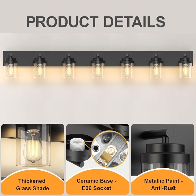 IZORRO Bathroom Vanity Light Fixture, 7-Light 52 inch Matte Black Bathroom Light Fixtures Over Mirror, with Clear Glass Shade, Modern Farmhouse Vanity Lights, Rustic Restroom Lighting Fixtures