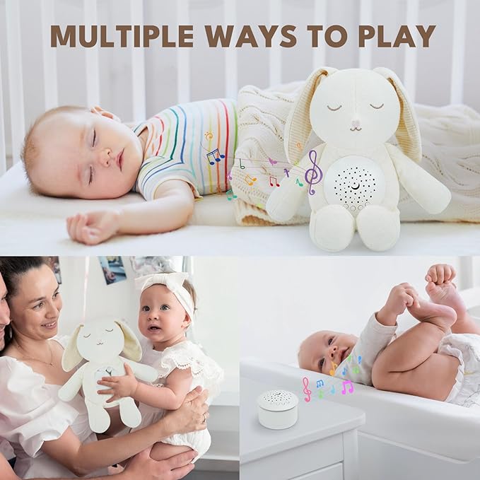 Baby White Noise Hatch Sound Machine & Lullaby Crib Soother - Bunny Stuffed Animal Night Light Projector, 5 x 6 x 8.5 Inches Sleep Soother Infant Gift for Newborn 0-6 Months