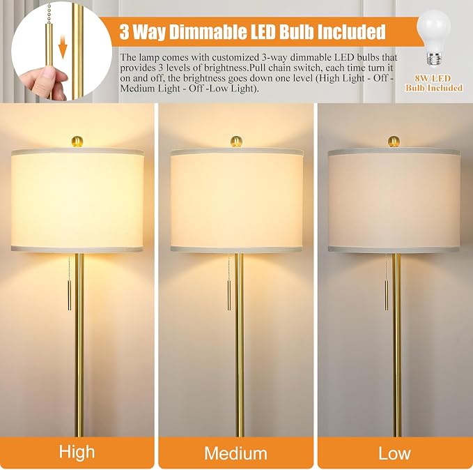 Qingmiao 【Upgraded】 Dimmable Gold Floor Lamps for Living Room, 63in Modern Standing Lamp with Marble Base, Tall Pole Light with White Linen Shade for Bedroom Reading Office Corner